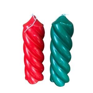 Vtg Red and Green Chunky Twist Taper Pillar Candles Christmas 8" T 2.5" D Set 2